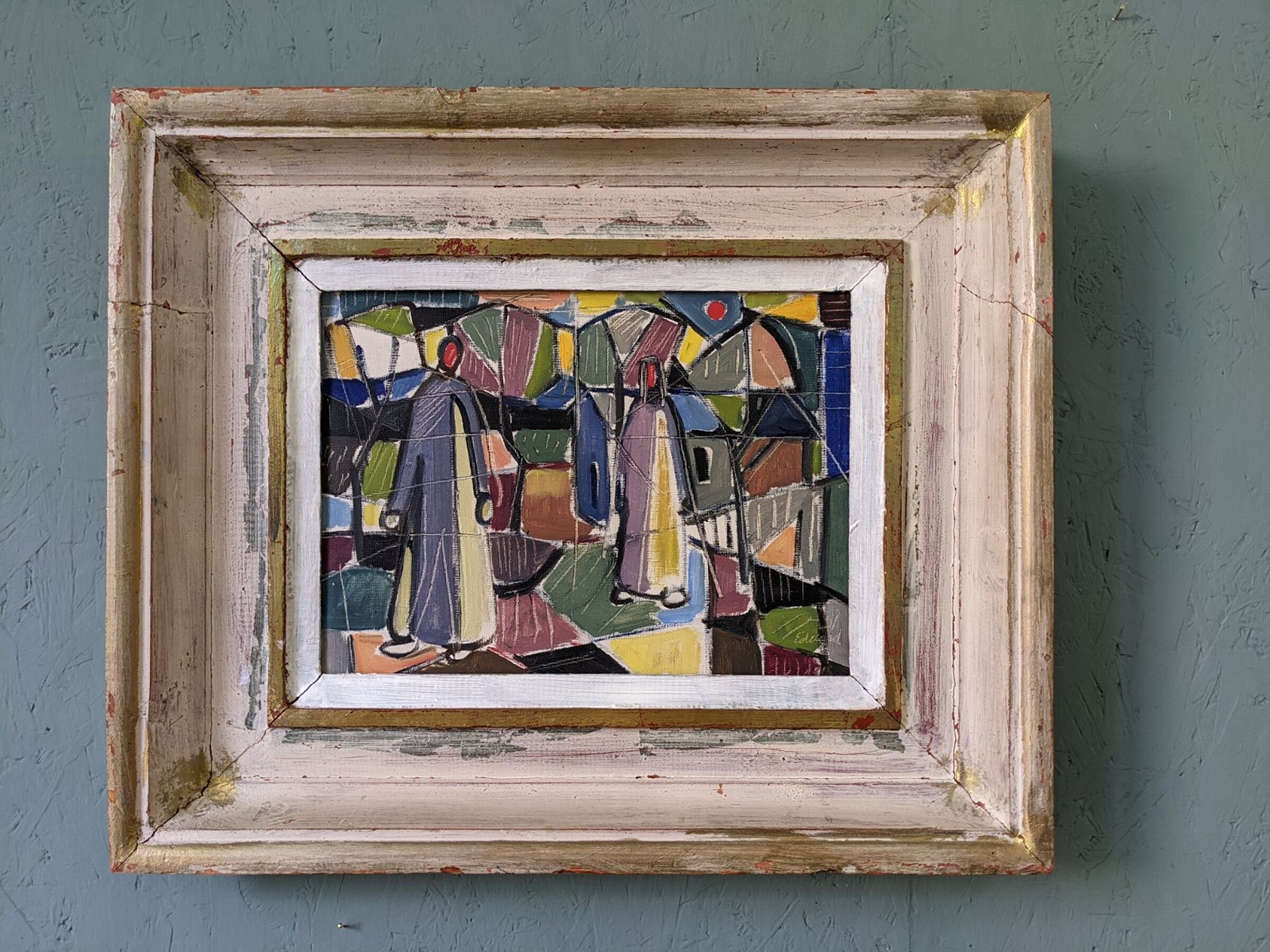 1951 Mid-Century Modern "Figures in Colour" Vintage Geometric Abstract Figurative Oil Painting, Fram