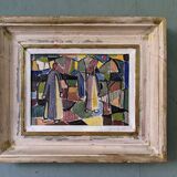 1951 Mid-Century Modern "Figures in Colour" Vintage Geometric Abstract Figurative Oil Painting, Fram