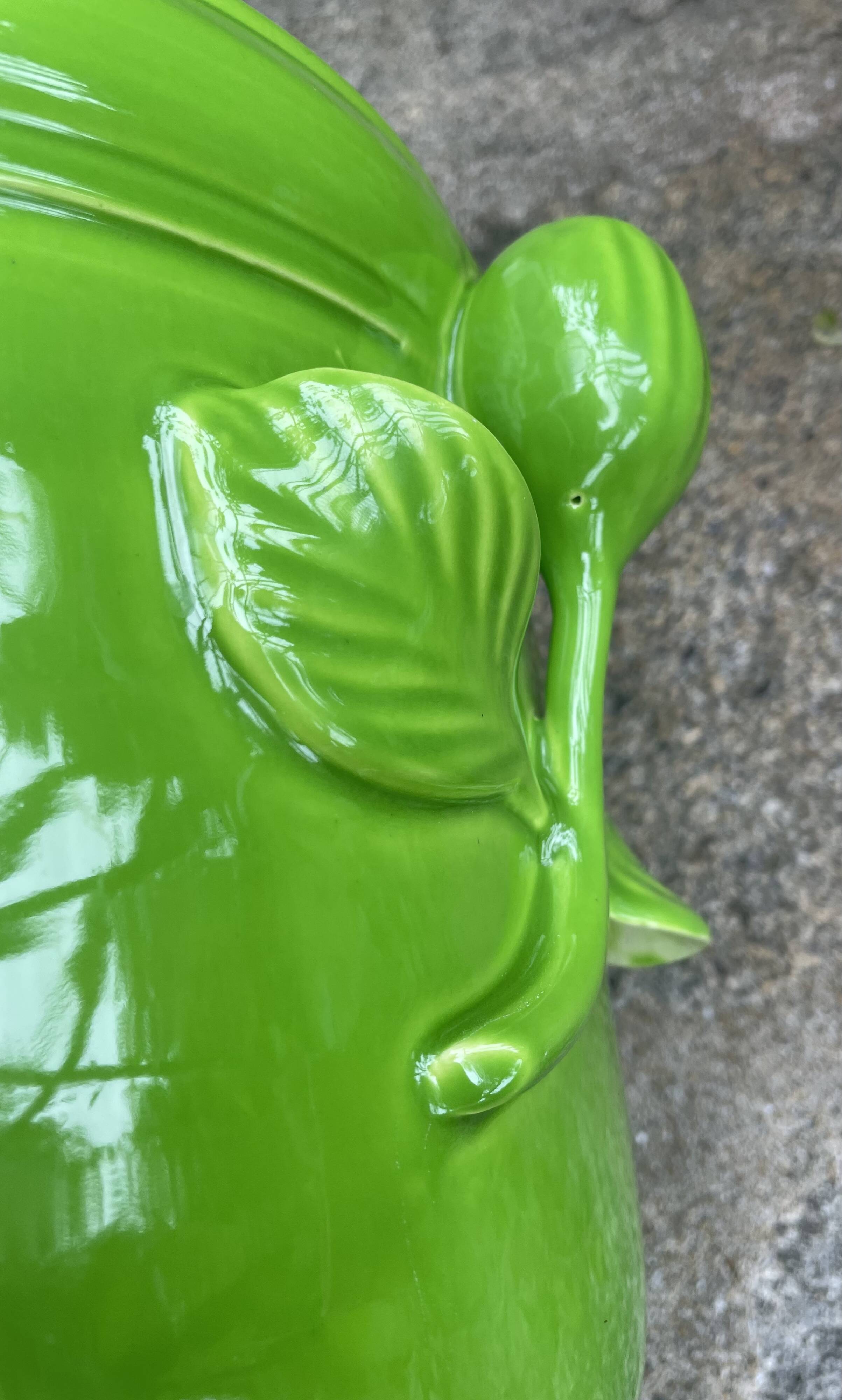 Glazed green pot cover in the style of Moreau Bourg earthenware