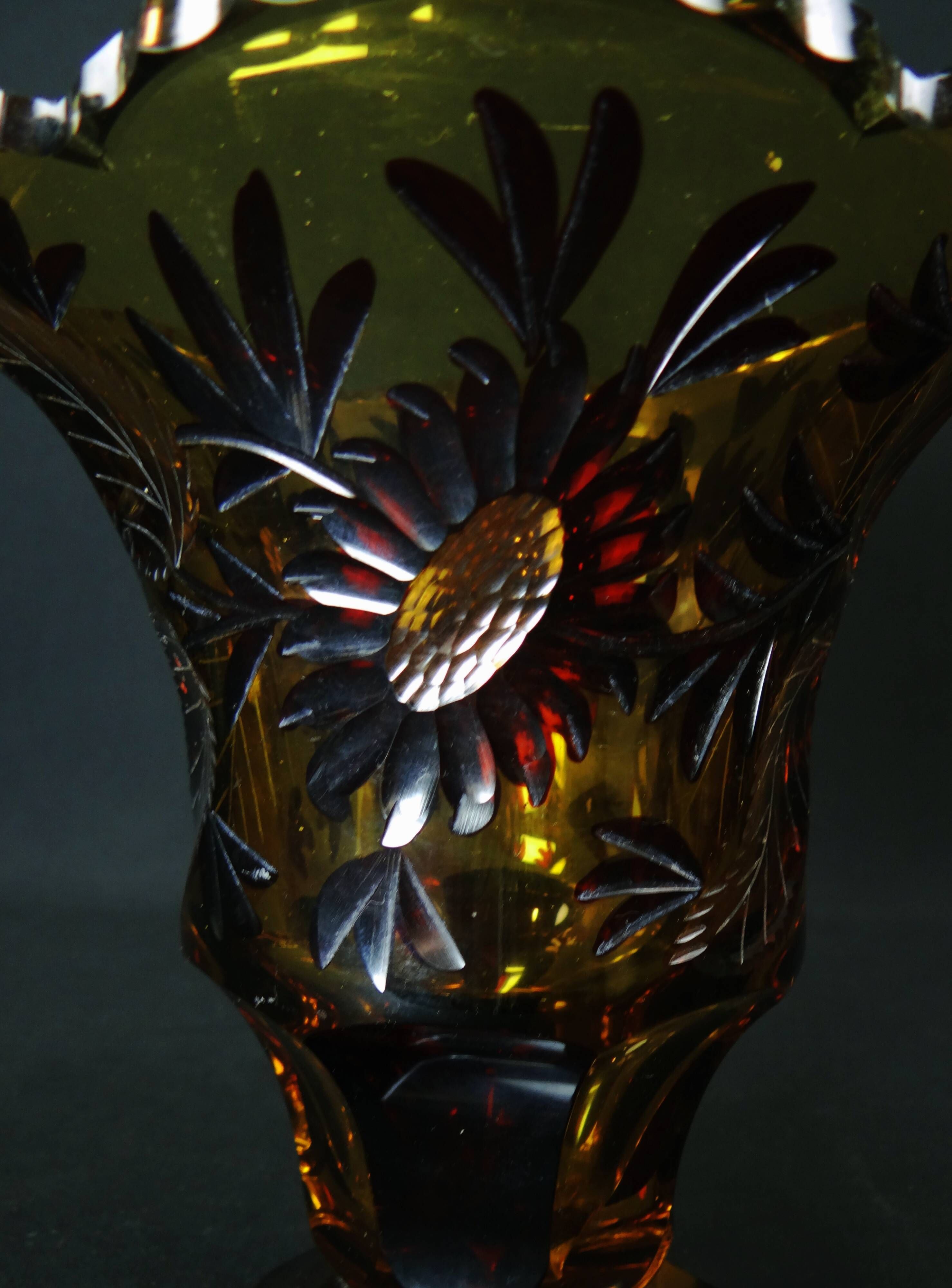 Bohemian cut crystal vase with Art Deco ruby red amber floral decoration