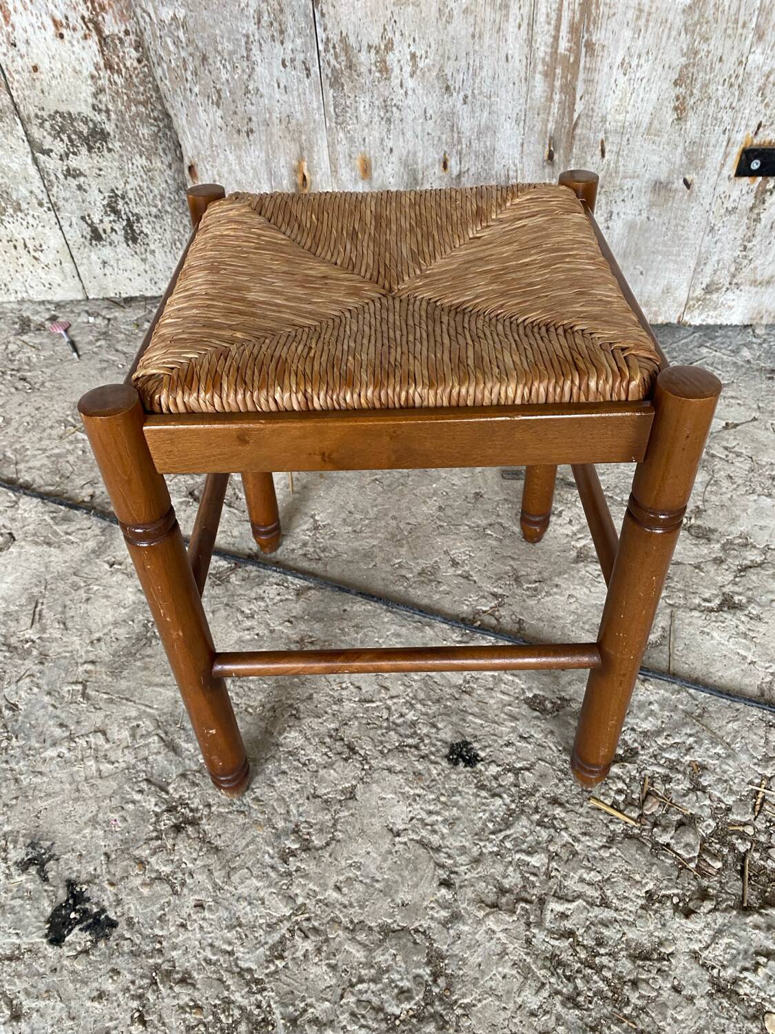 Vintage Wooden Stool with Woven Seat #D502