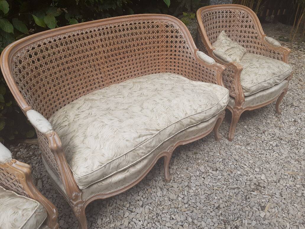 Louis XV style living room sofa and 2 armchairs - canework and carved wood
