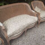 Louis XV style living room sofa and 2 armchairs - canework and carved wood