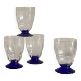 Set of 4 large art deco glasses or water and blue colored foot vintage tableware