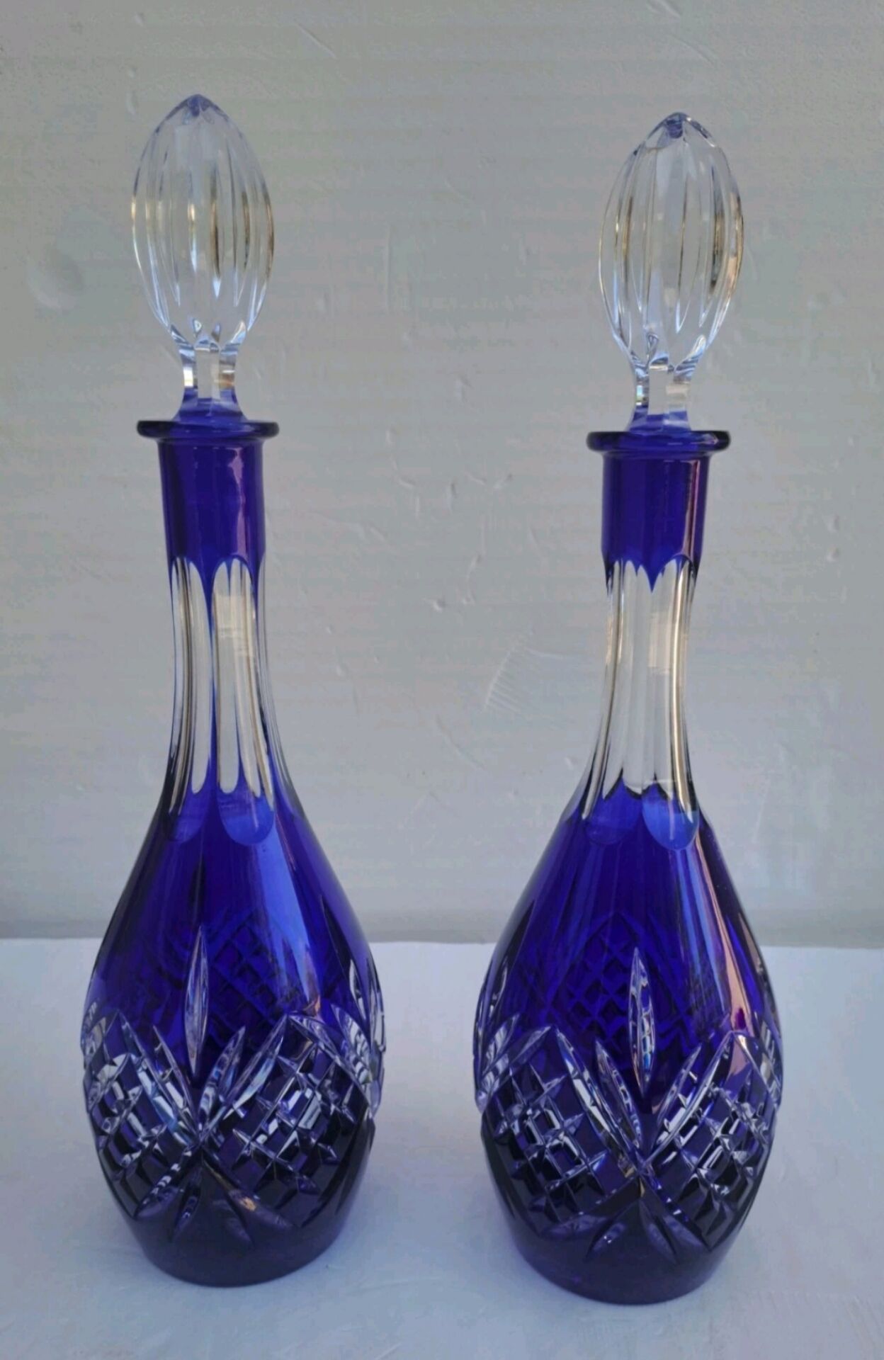 Pair of cobalt blue crystal carafes