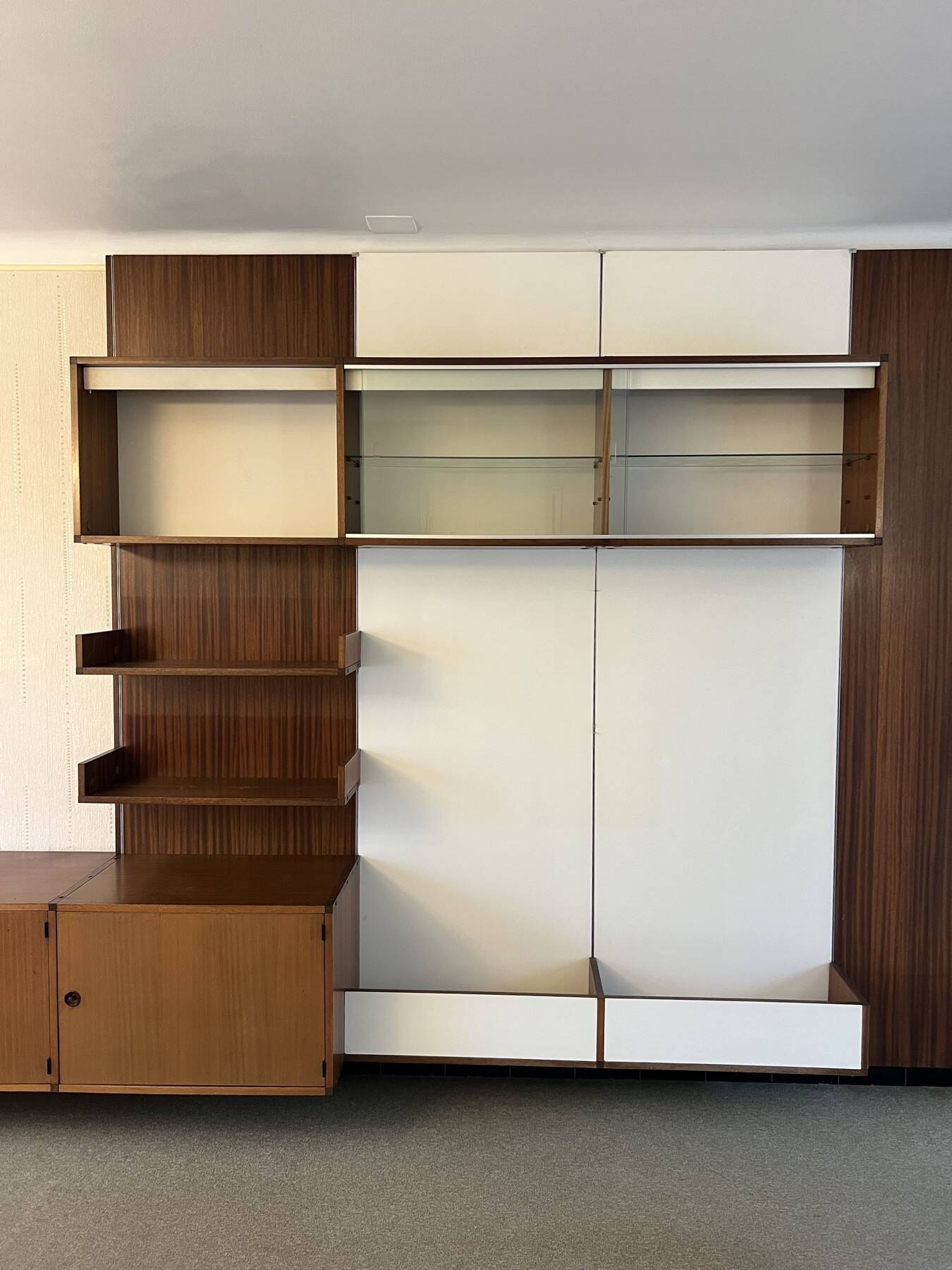 Modular Wall System in Wood Veneer, White Laminate, Glass and