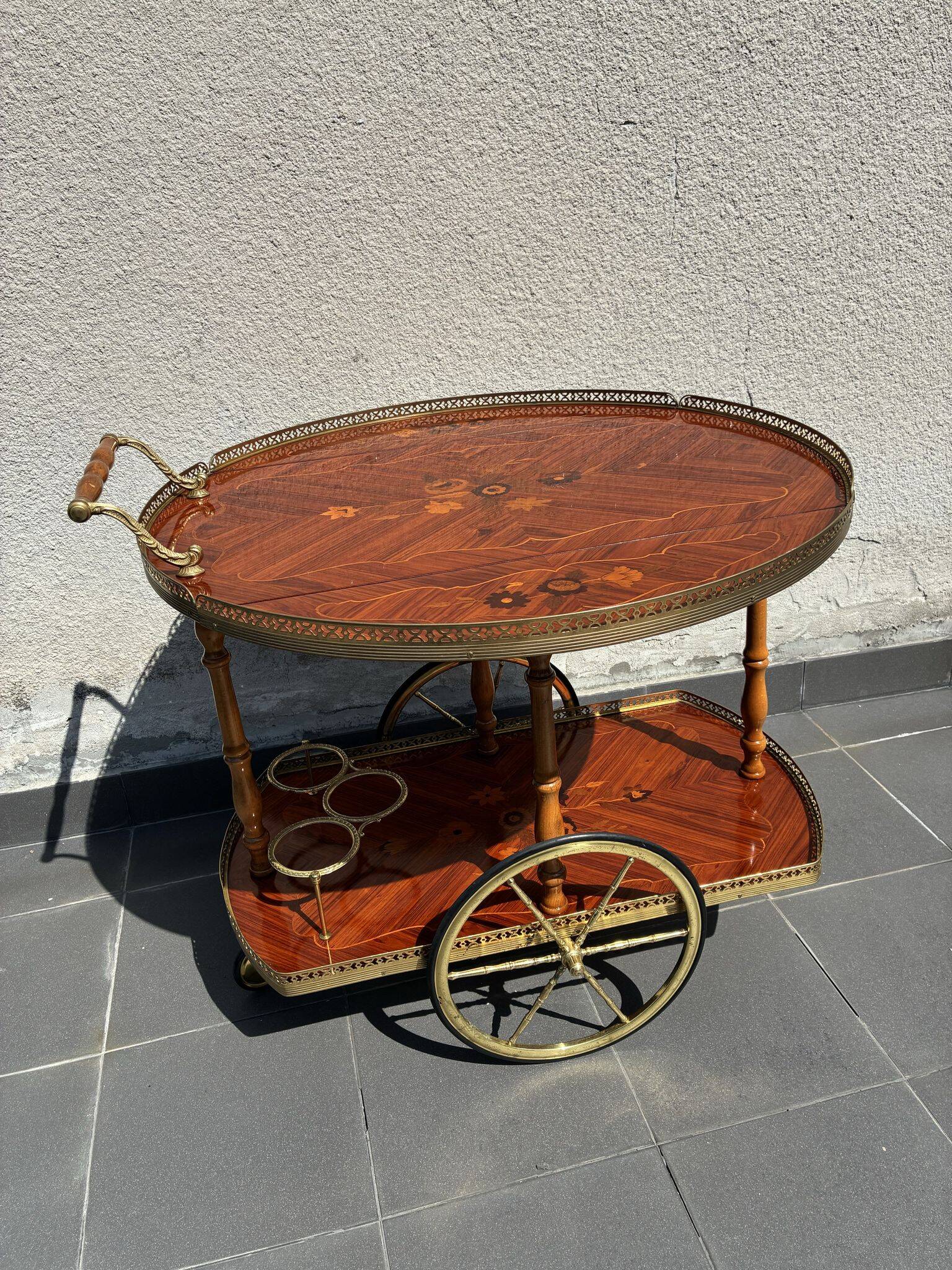 Italian marquetry and brass drinks trolley, mid-20th century