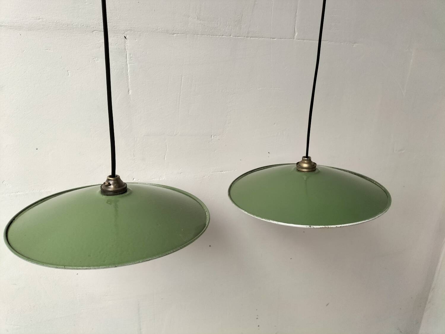 Pair of enamelled metal pendant lights