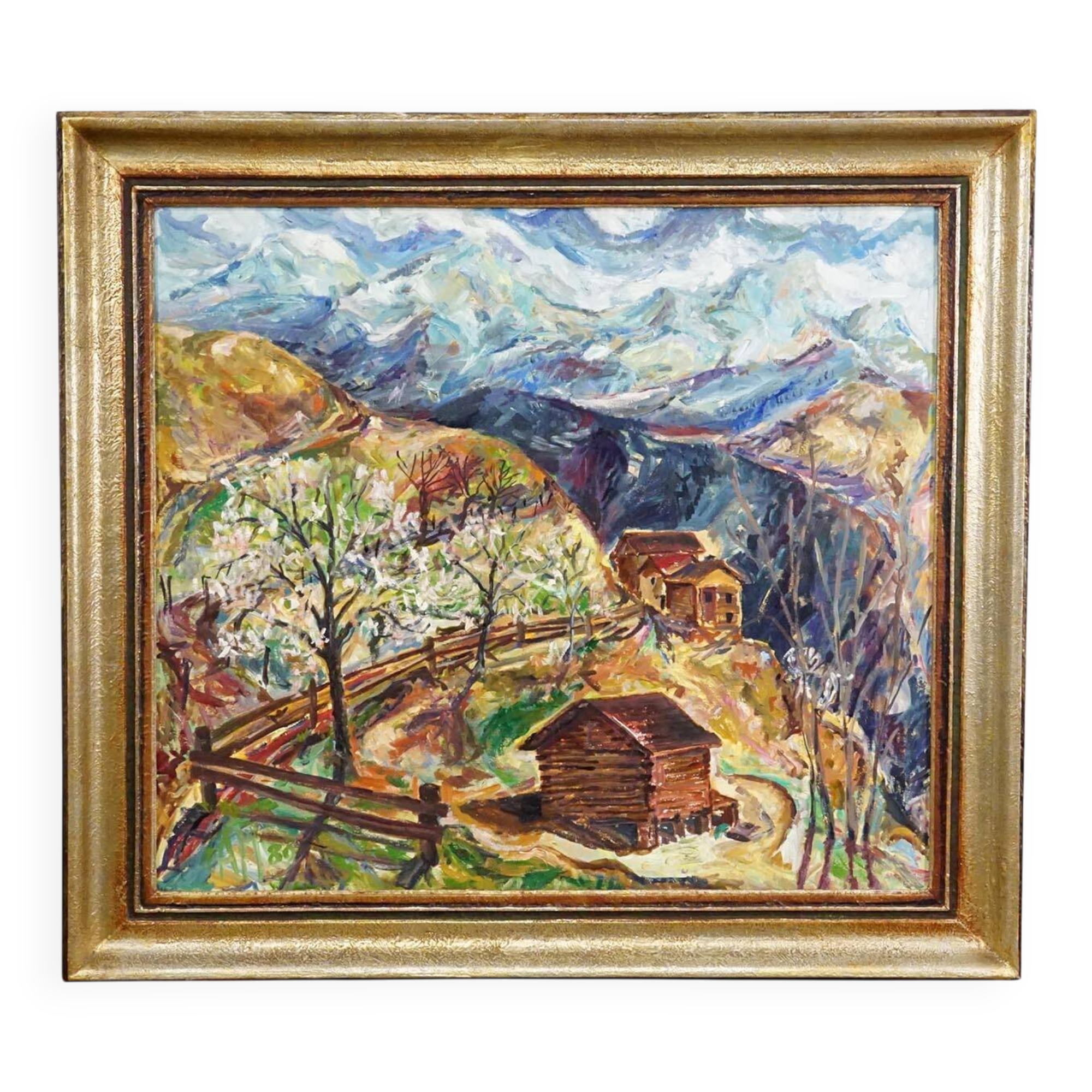 Oil painting by Alexander Michael – Mountain Chalets, 1980