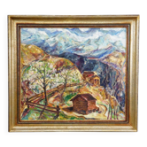 Peinture à l'huile d'Alexander Michael – Chalets de montagne, 1980