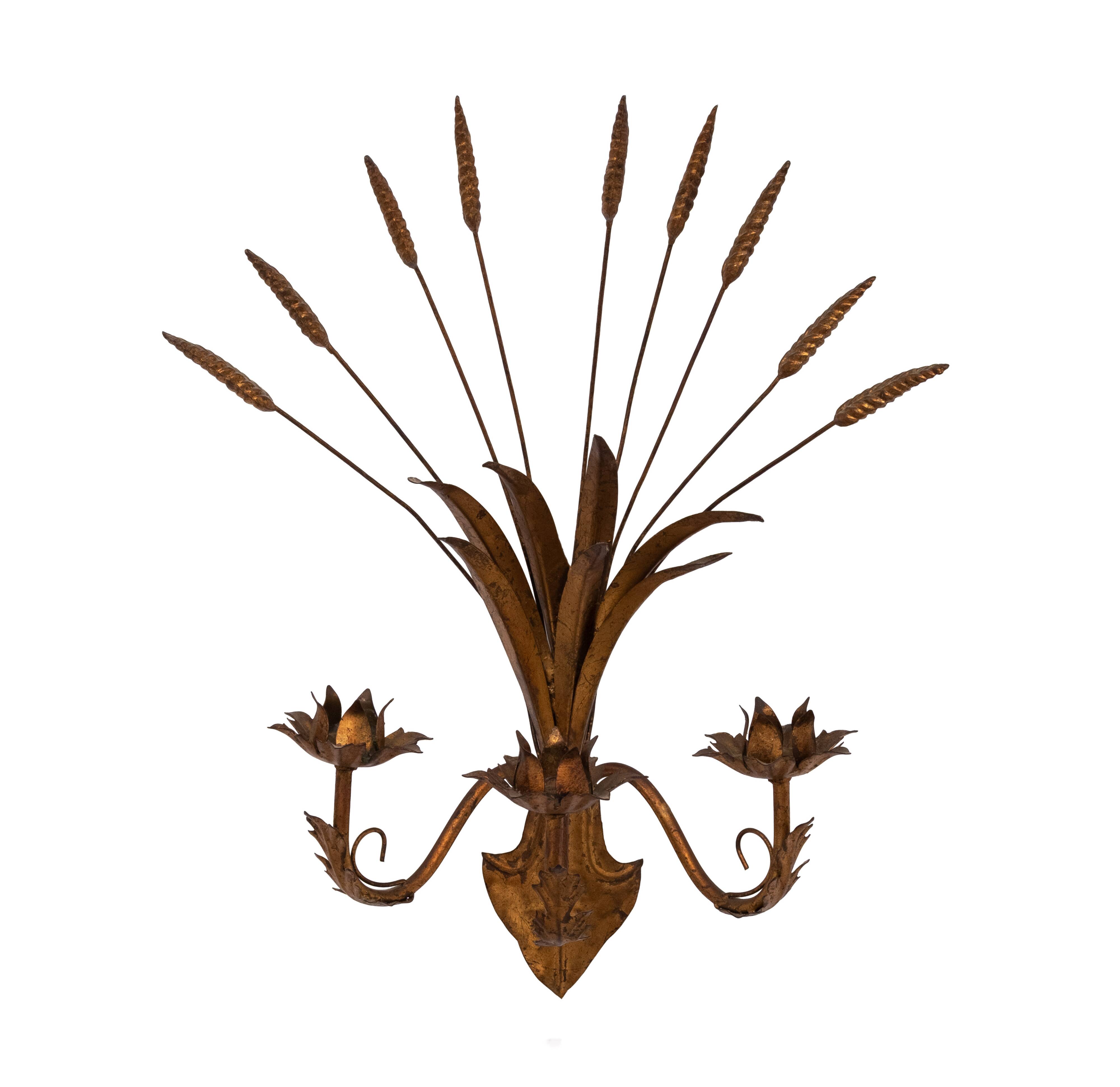 Stunning Italian Gilt Metal Wheat Sheaf candle Wall Sconce 1950s