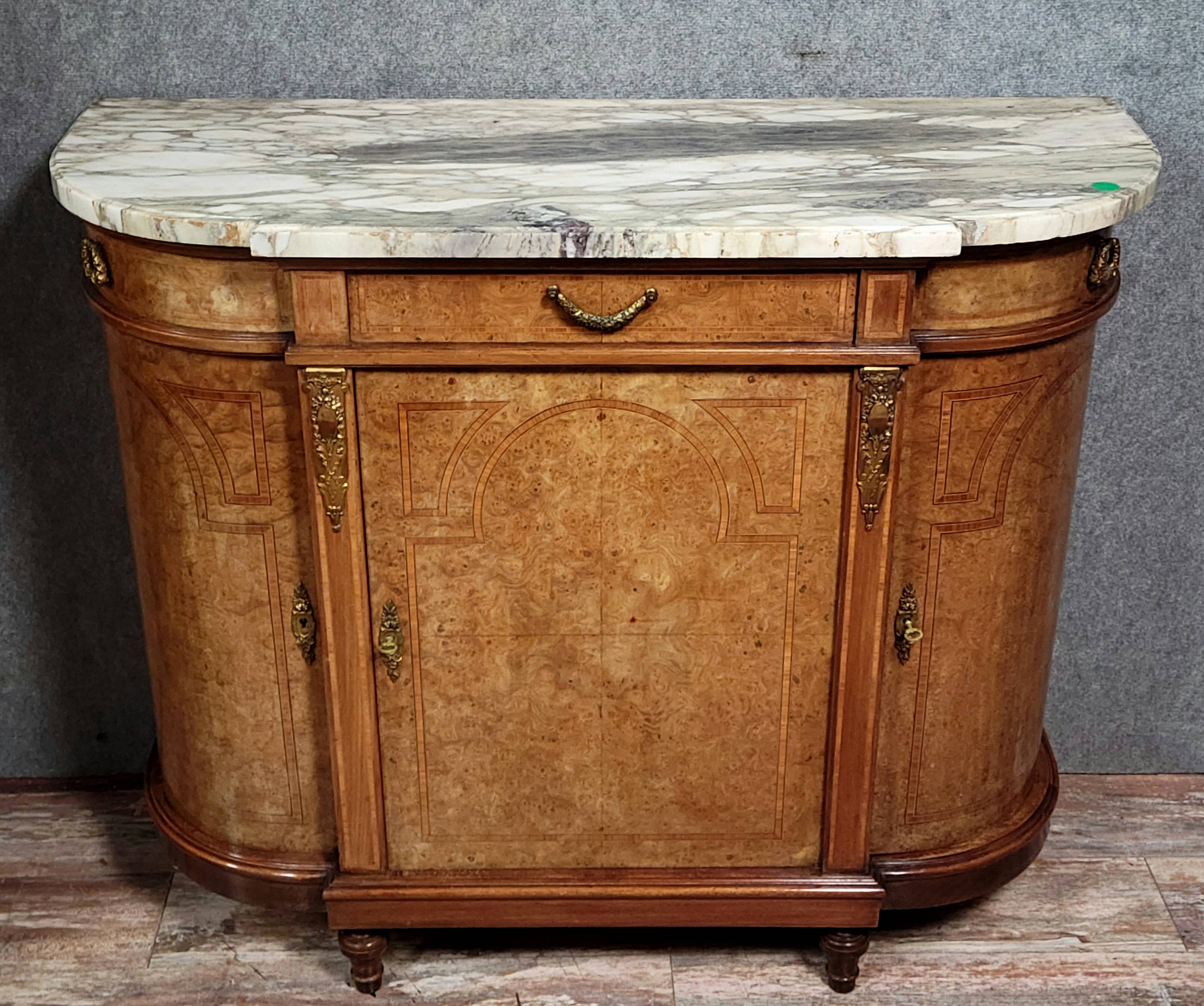 Half-moon buffet in Louis XVI style with burl and marquetry.