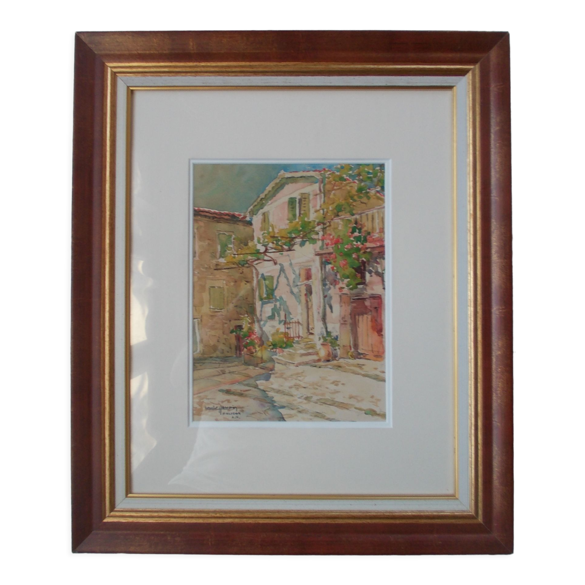 Watercolor by Louis Houpin, rue du four falicon alpes maritimes 06, reframed wood and gold