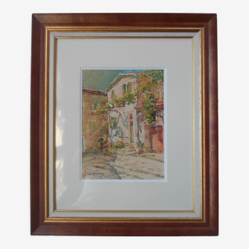Watercolor by Louis Houpin, rue du four falicon alpes maritimes 06, reframed wood and gold