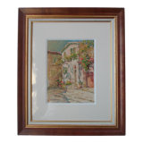 Aquarelle de Louis Houpin : rue du four falicon alpes maritimes 06, réencadrée bois et or