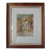Watercolor by Louis Houpin, rue du four falicon alpes maritimes 06, reframed wood and gold