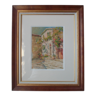 Watercolor by Louis Houpin, rue du four falicon alpes maritimes 06, reframed wood and gold