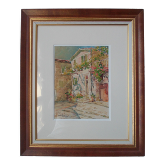 Aquarelle de Louis Houpin : rue du four falicon alpes maritimes 06, réencadrée bois et or