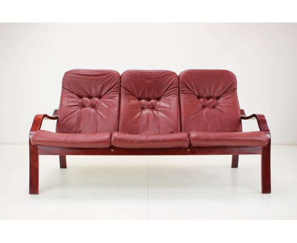 1980 Three-Seater Leather Sofa, Ton Czechoslovakia