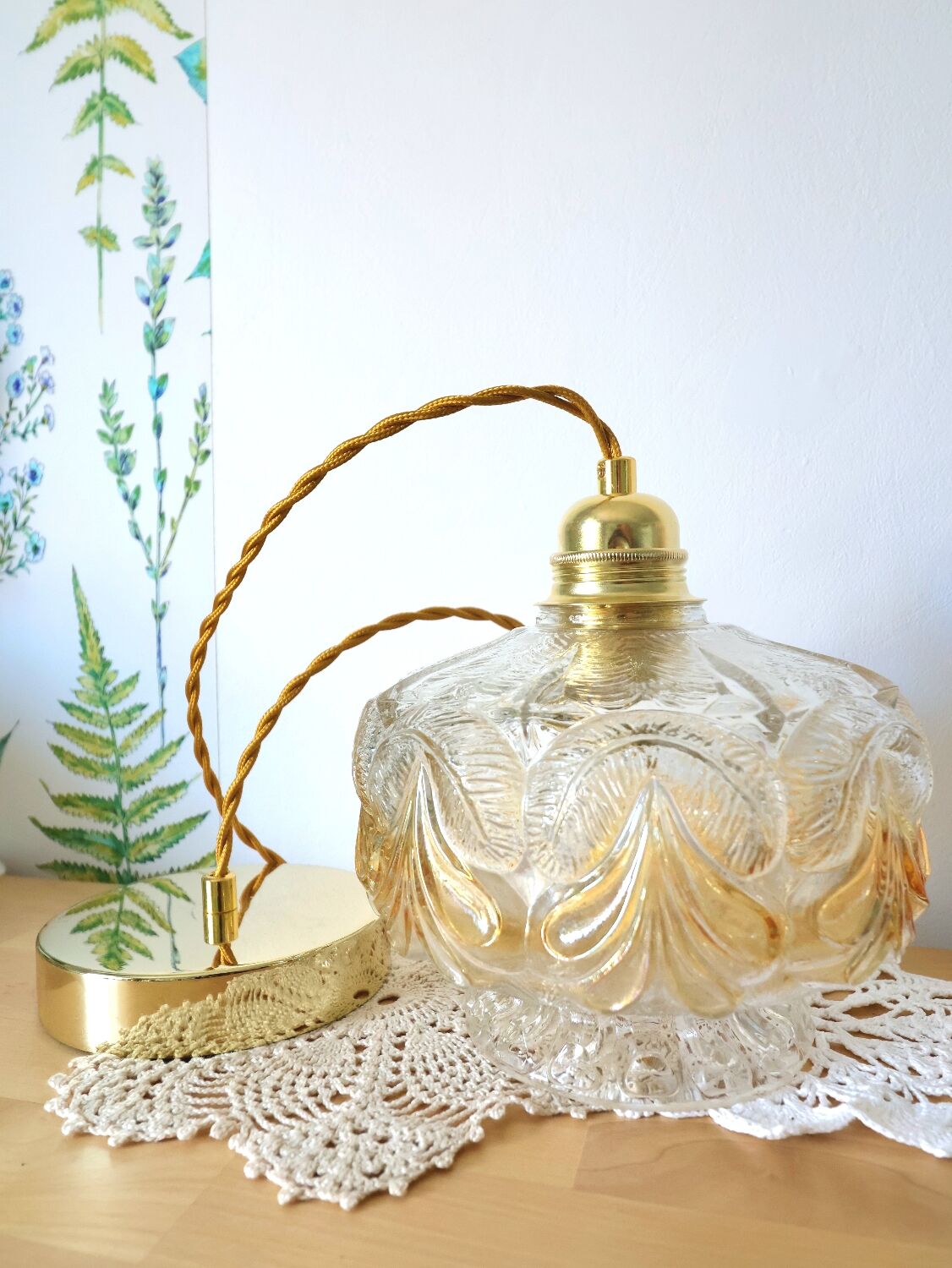 Vintage amber cut glass suspension – retro bohemian lamp