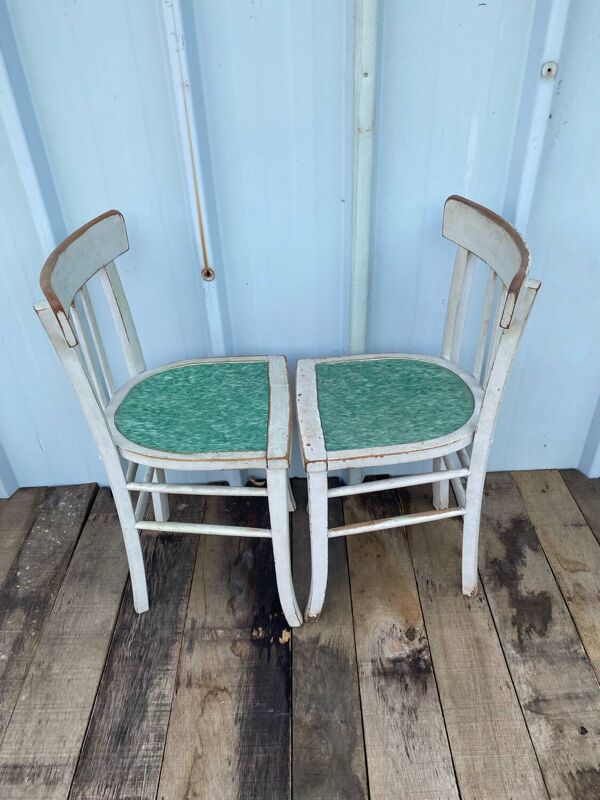 Paire de chaise ancienne bistrot luterma bois gris + assise verte vint