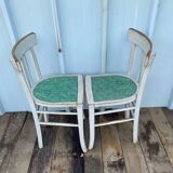 Pair of antique luterma bistro chairs in grey wood + green seat vintage