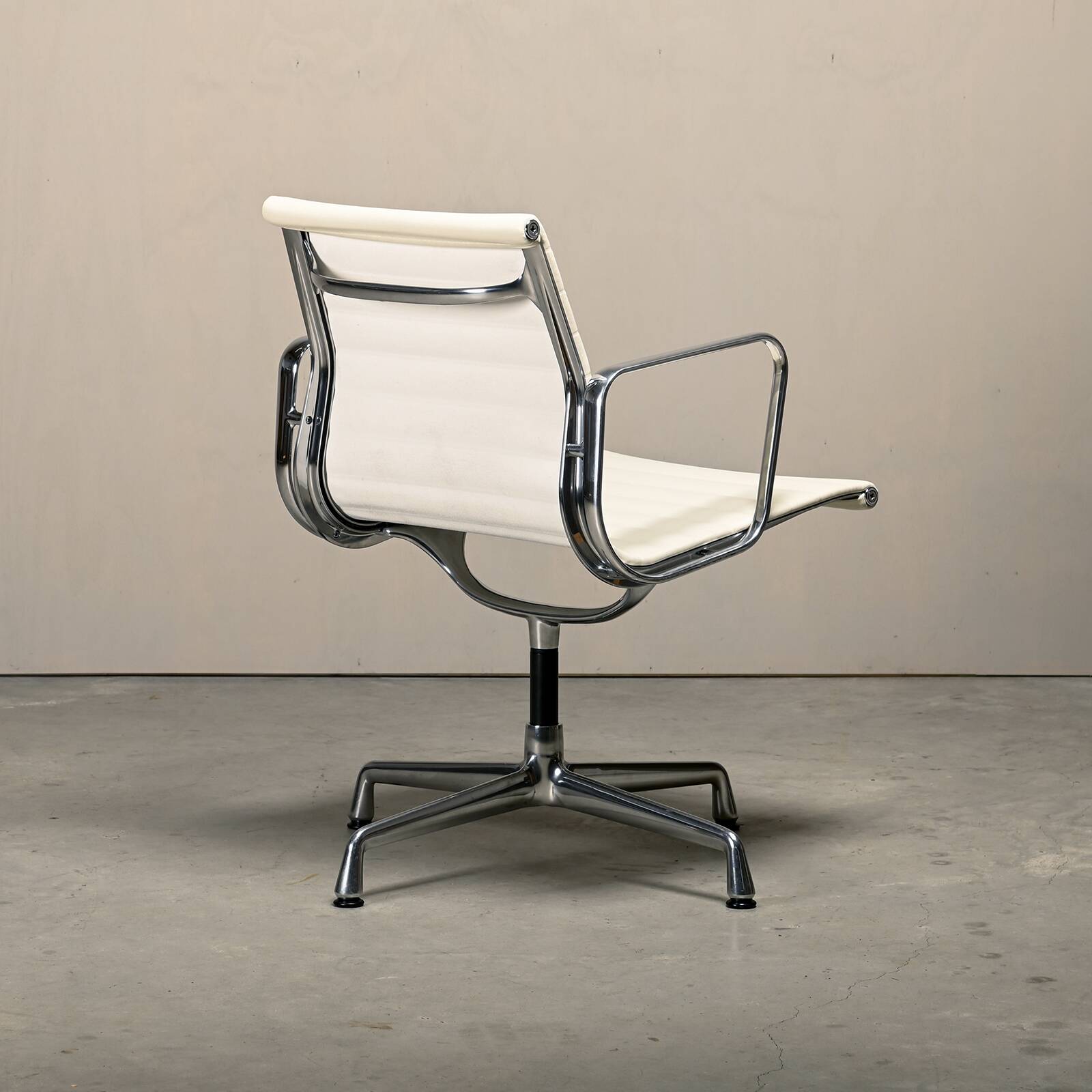 Charles & Ray Eames EA108 Dining Chair in Polished Aluminum and White leath