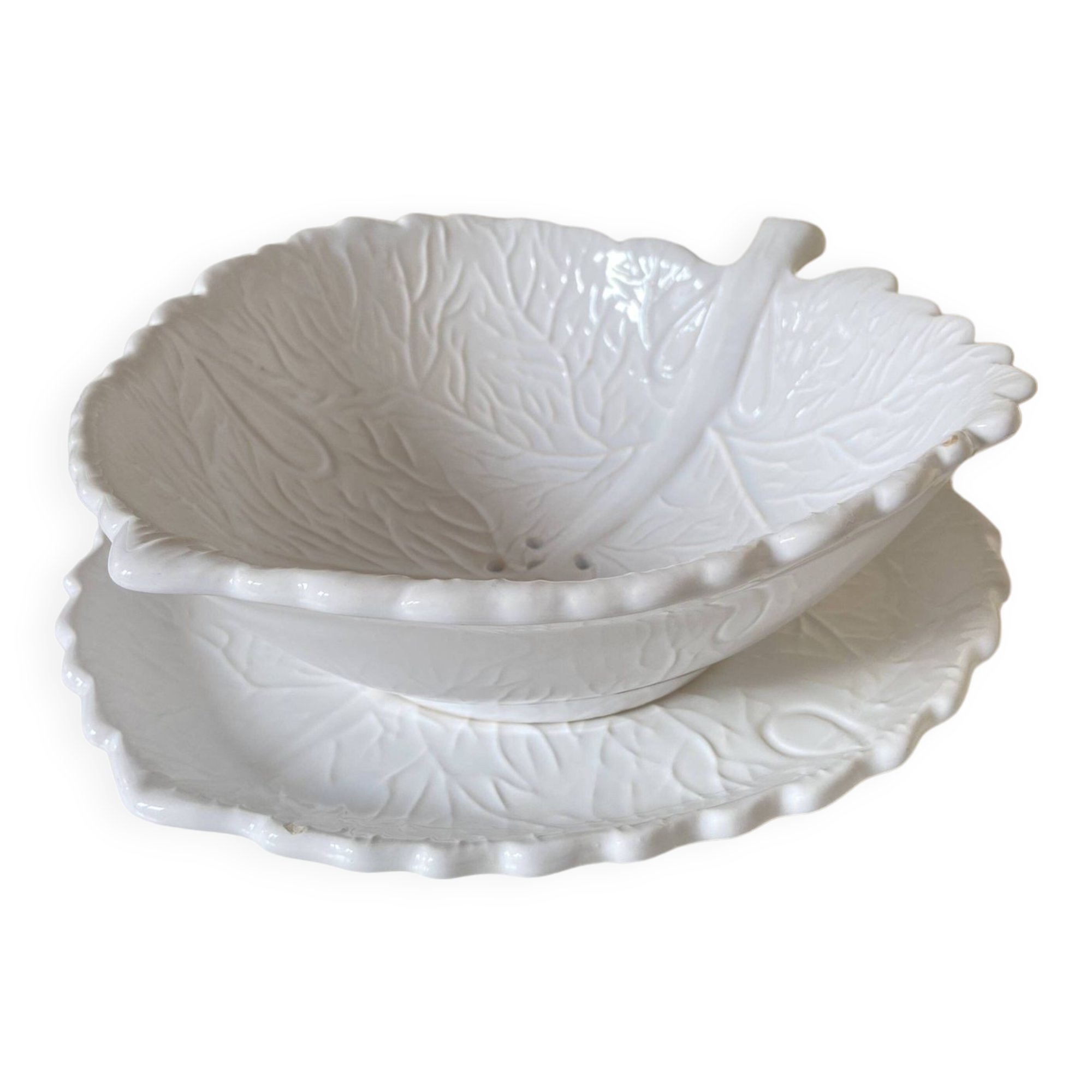 Barbotine Fruit Drainer And Its Plate In The Shape Of A White Cabbage Leaf