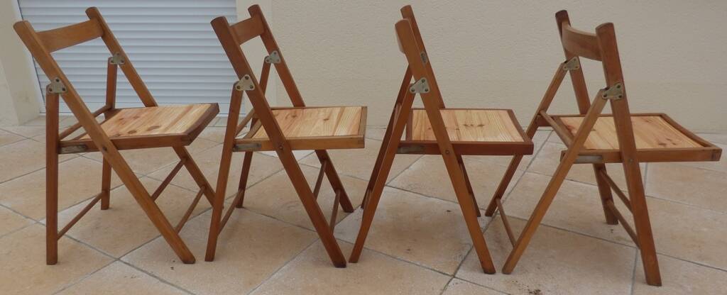 4 vintage varnished wooden chairs, folding tops, fully restored