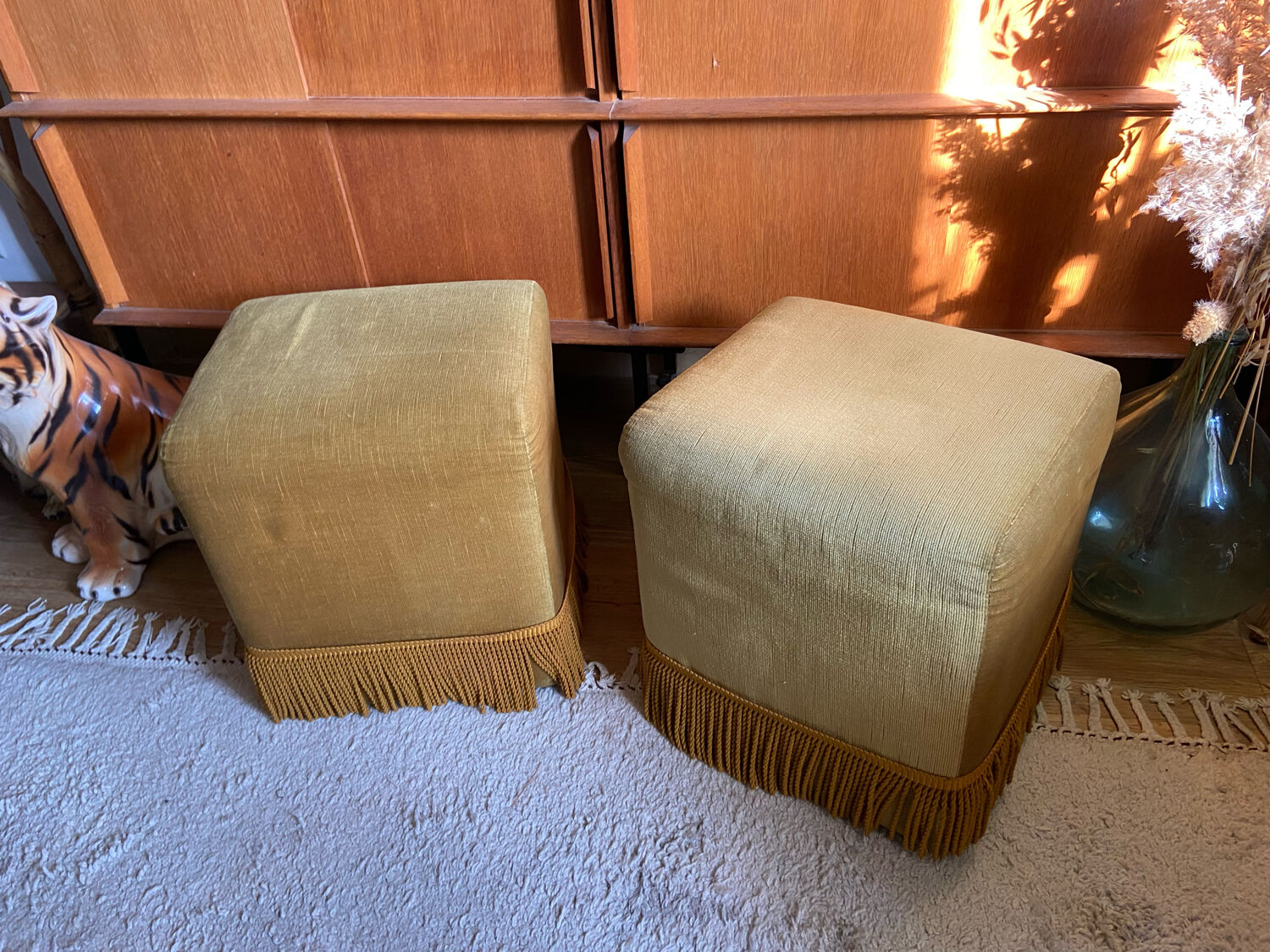 Pair of vintage fringed velvet poufs