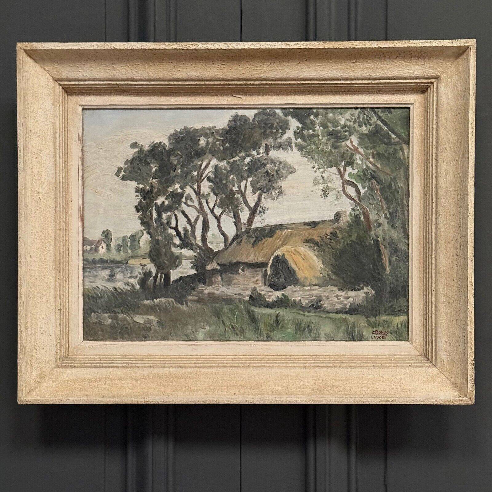 Oil on canvas landscape with Vendée basket by C. Bonno 1949