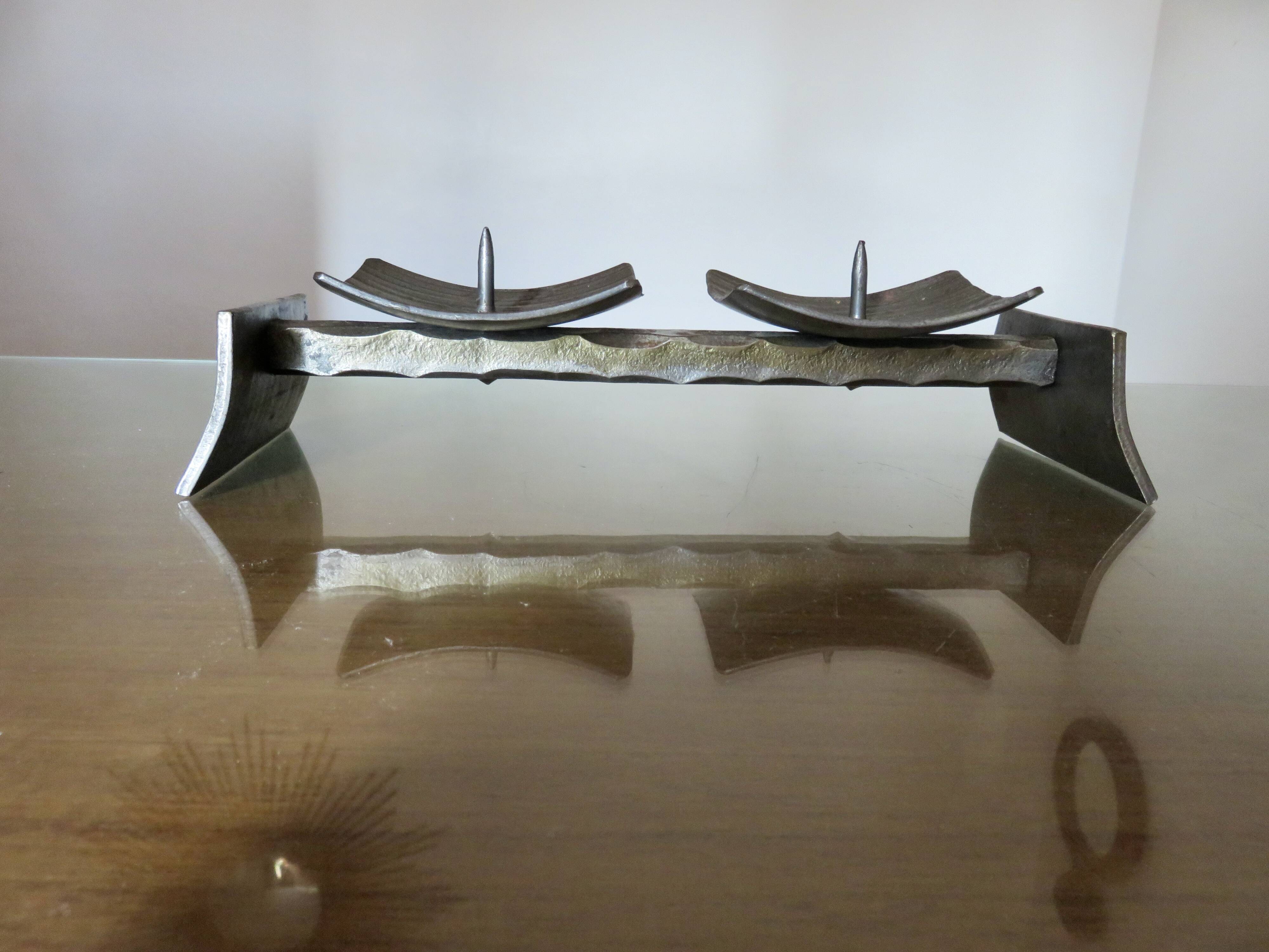Large brutalist candlestick in the style of the Marolles workshops, raw steel.