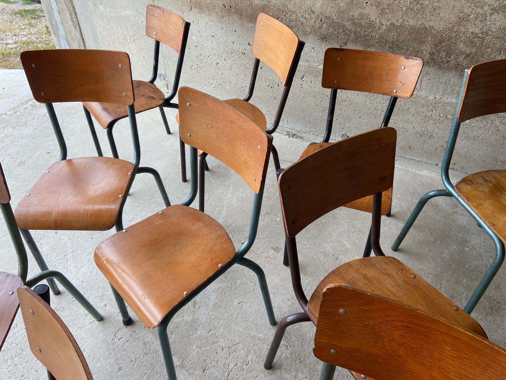 Set of 10 vintage mismatched industrial chairs mullca