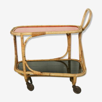 Bamboo Bar Cart Tea Trolley with black and red shelf, 1940s