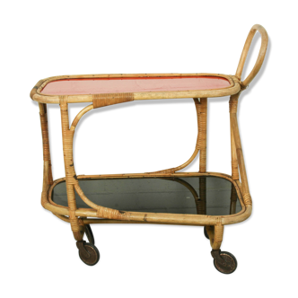 Bar cart tea trolley avec étagère noire et rouge années 1940