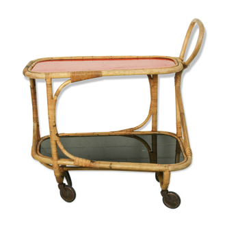 Bamboo Bar Cart Tea Trolley with black and red shelf, 1940s
