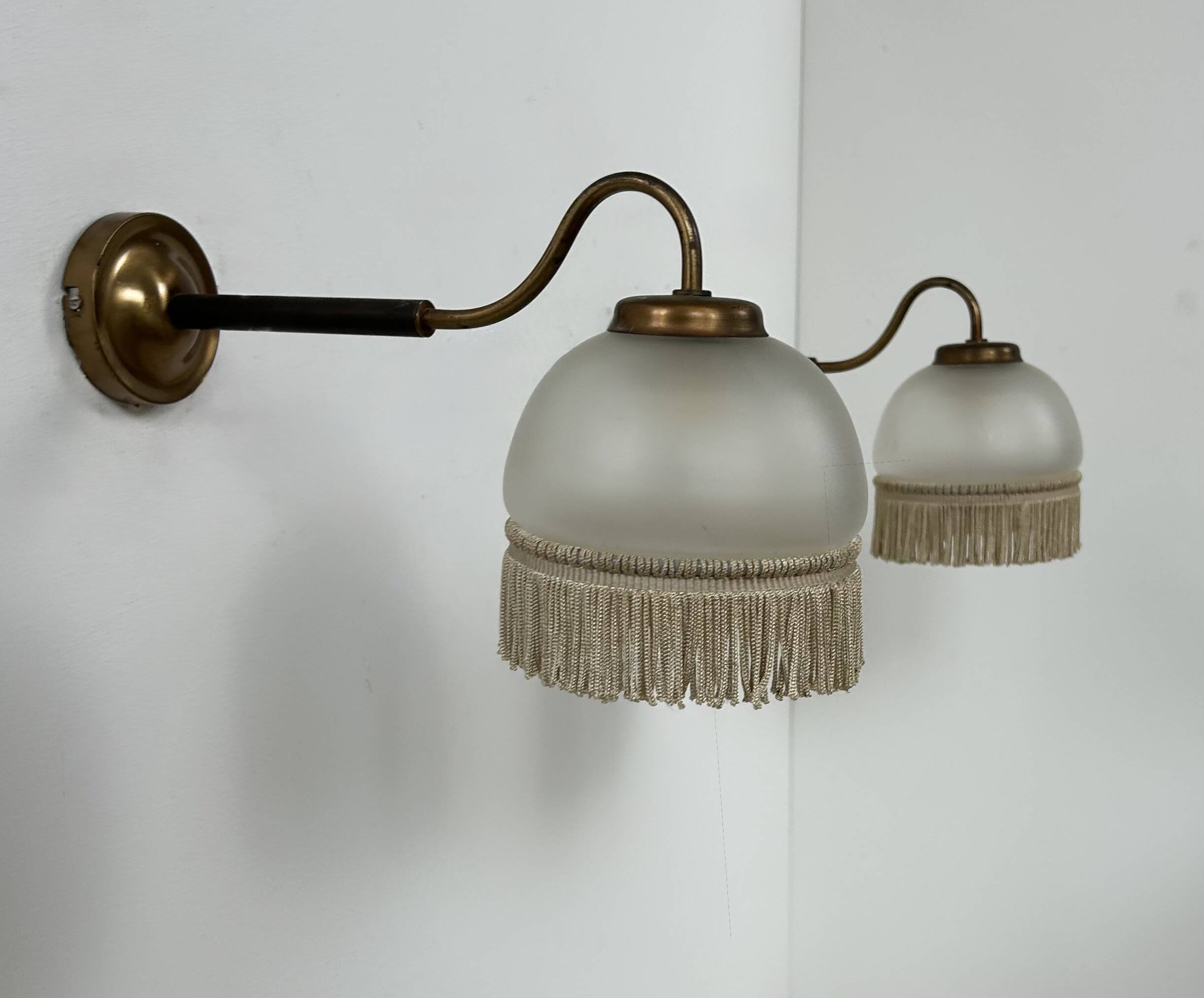 Vintage pair of wall lights, brass and frosted glass, France, 1970.