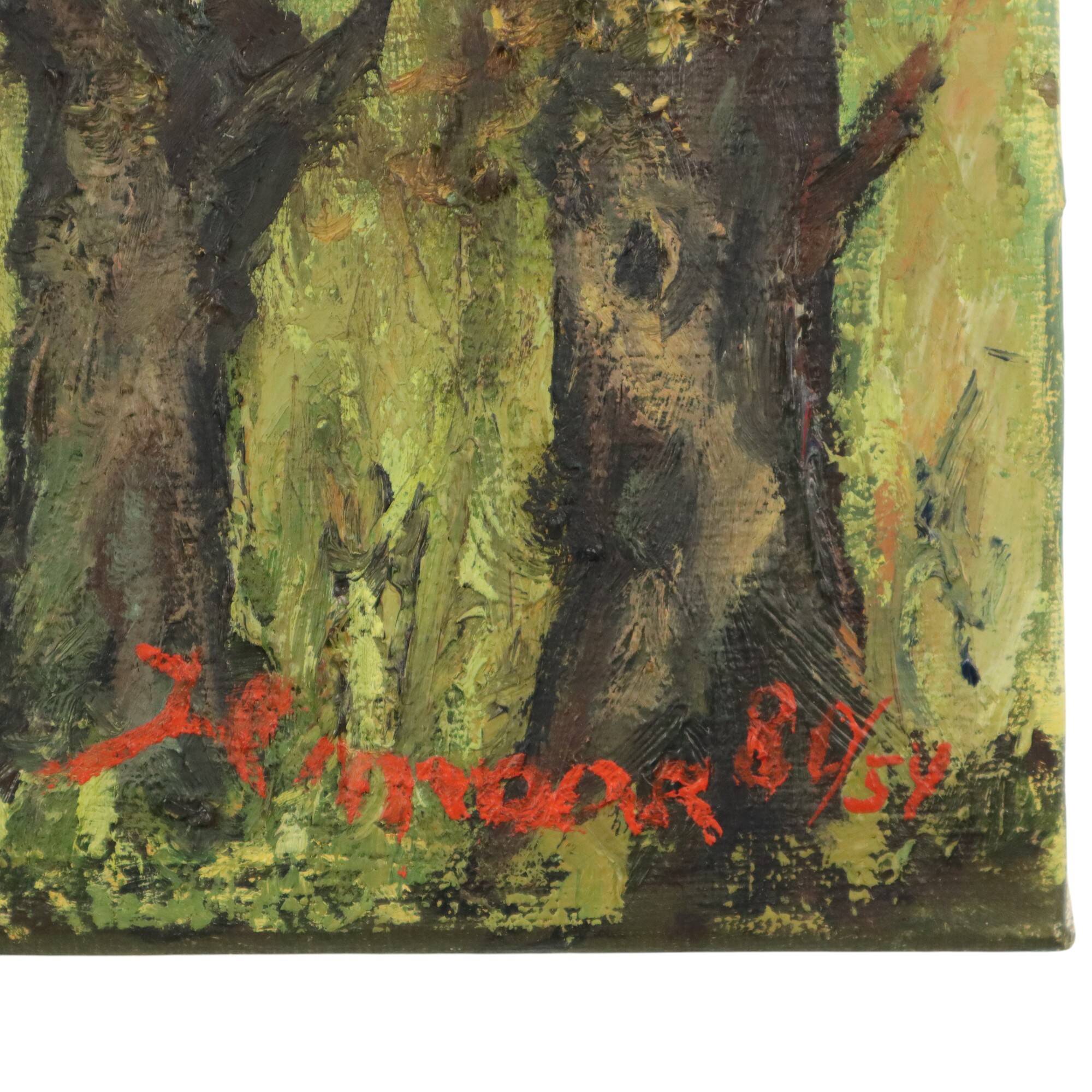 Large Vintage Painting on Canvas Perspective Trees Signed