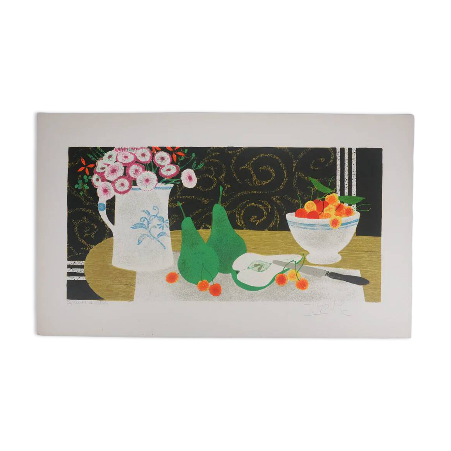 Yves Ganne: Still Life with Pears, original signed lithograph