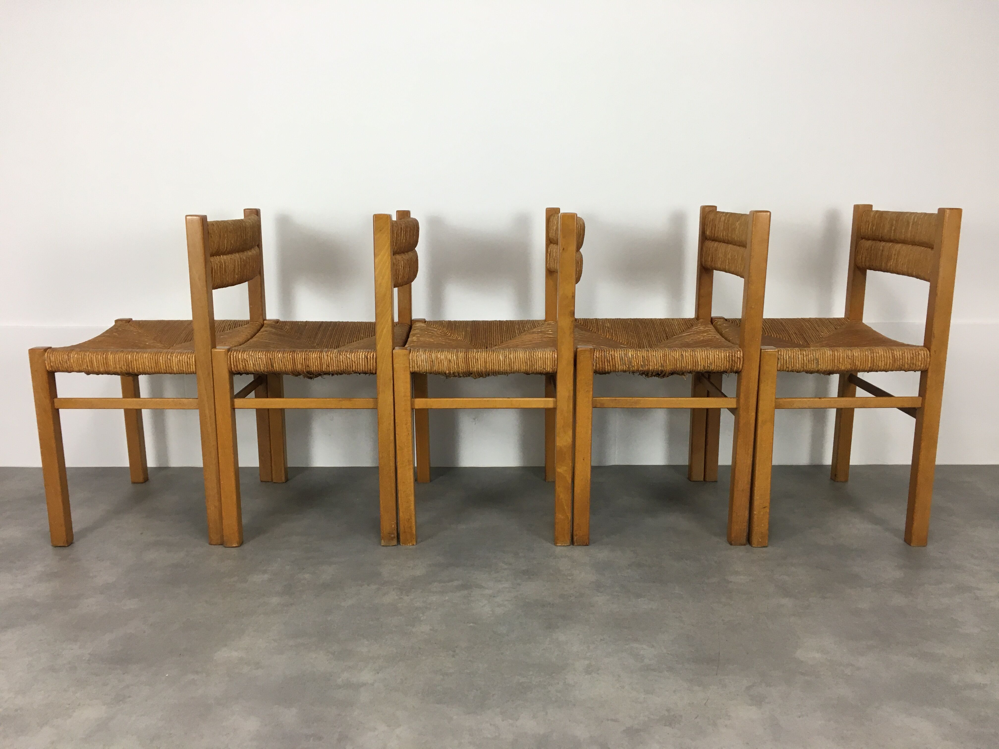 Set of 5 chairs in wood and straw, 60s