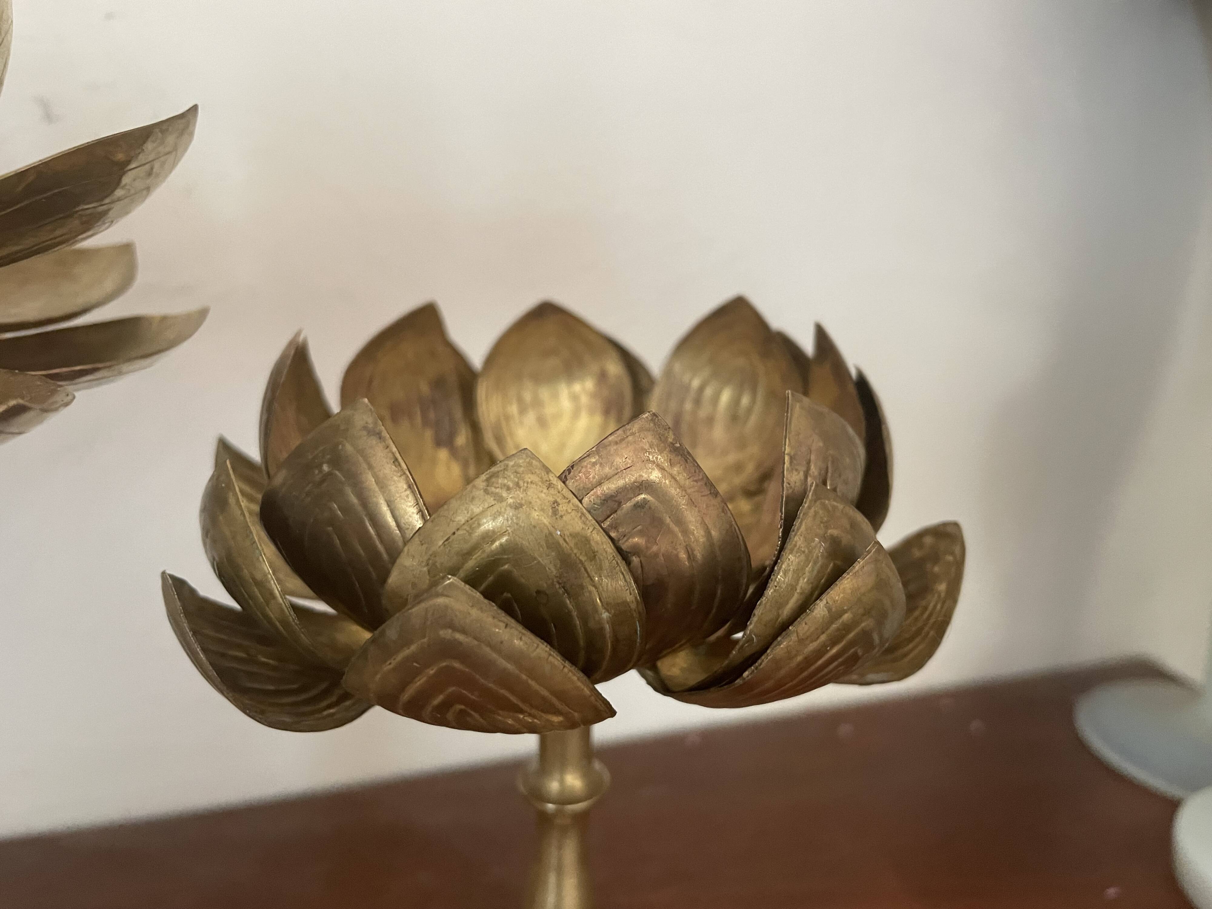 Set of two old brass lotus flower candlesticks