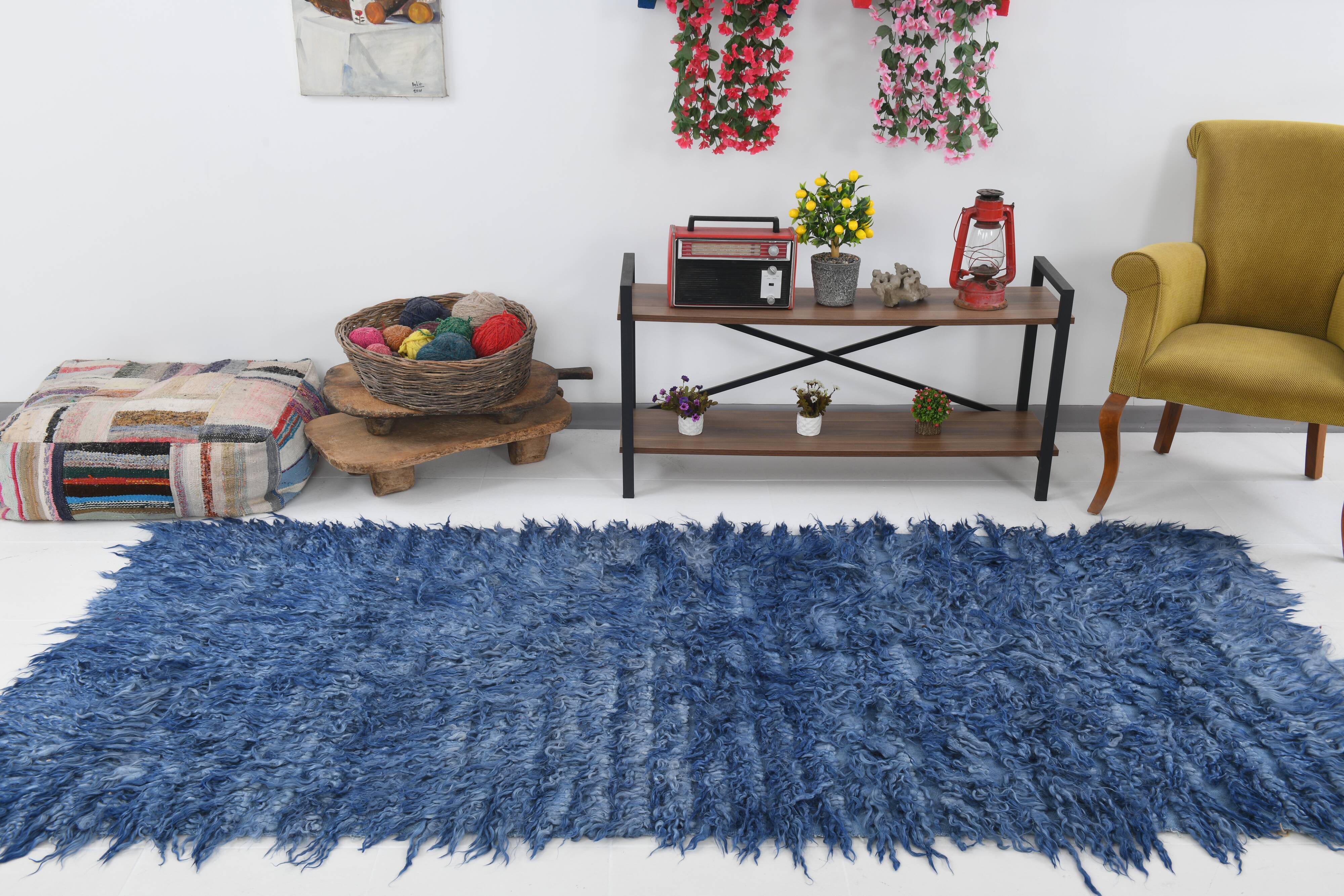 4x9 handmade wool blue vintage rug, 122x266cm