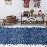 4x9 handmade wool blue vintage rug, 122x266cm