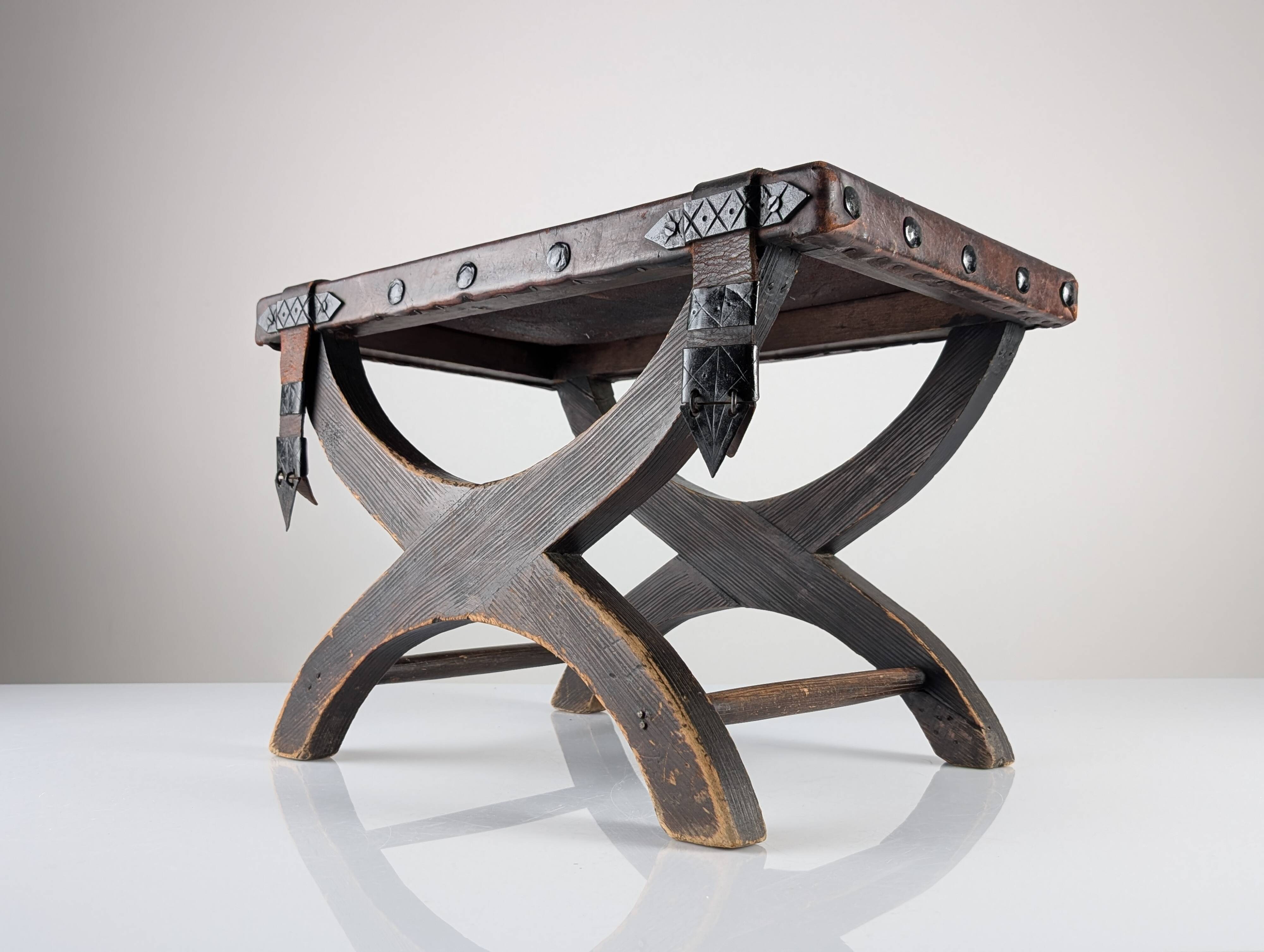 Colonial Curule Stool in Leather and Wrought Iron, Mexico, 1940s