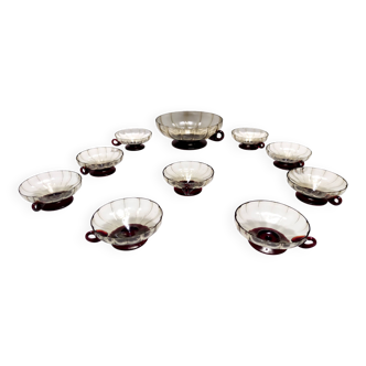 Set of Ten Smoked and Crimson Murano Glass Dessert Bowls