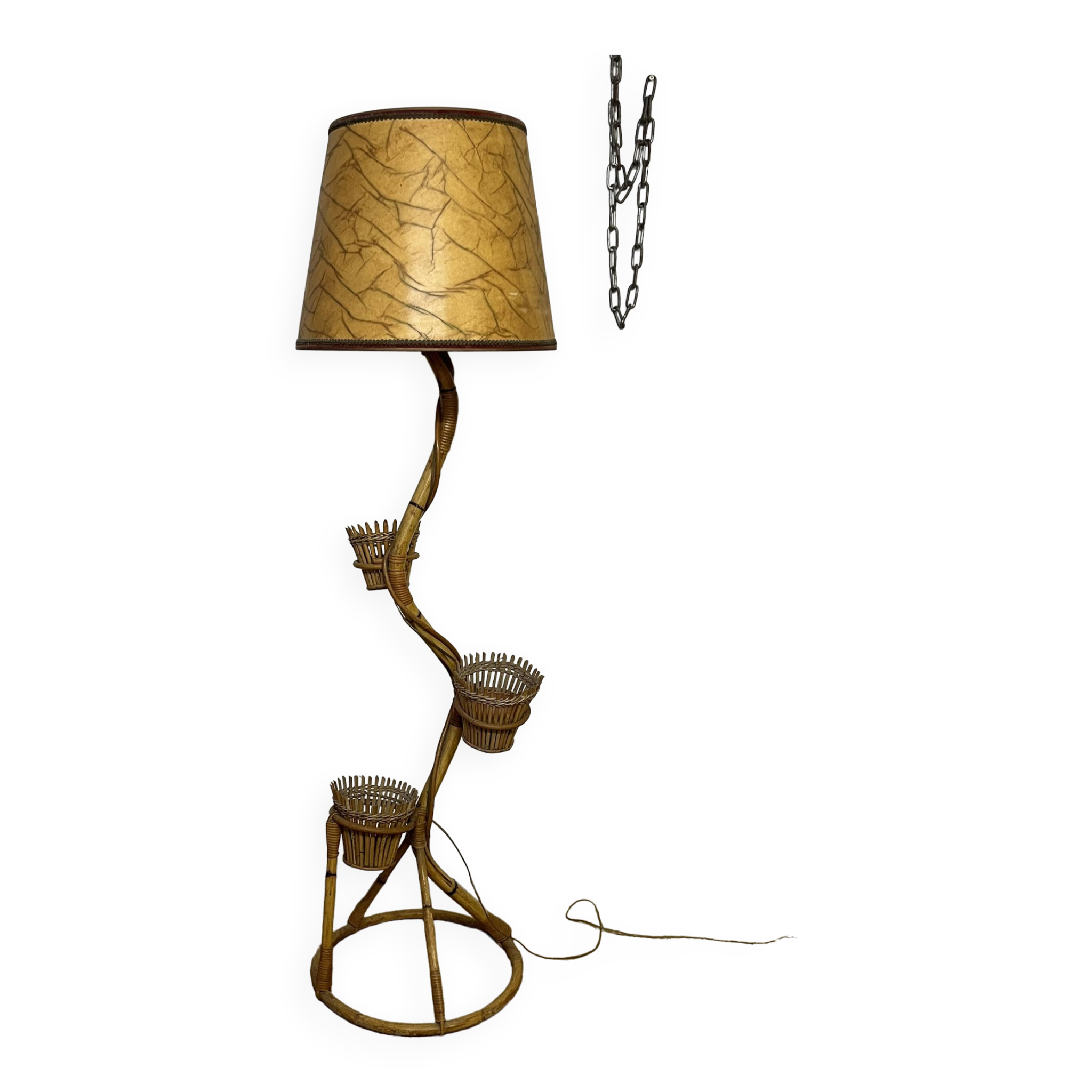 Rattan and bamboo plant holder floor lamp from the 70s