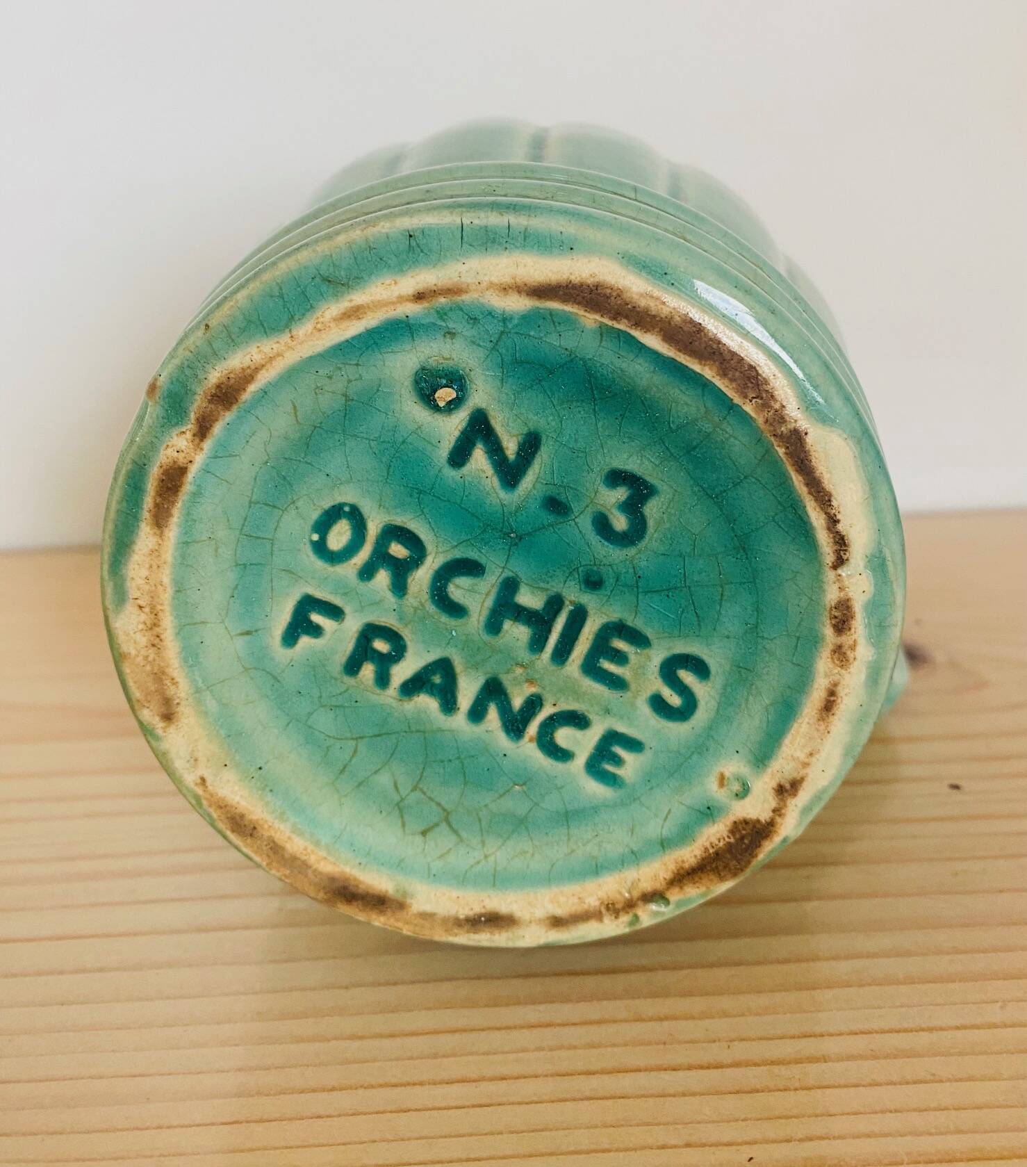 Old green pitcher Orchies No. 3
