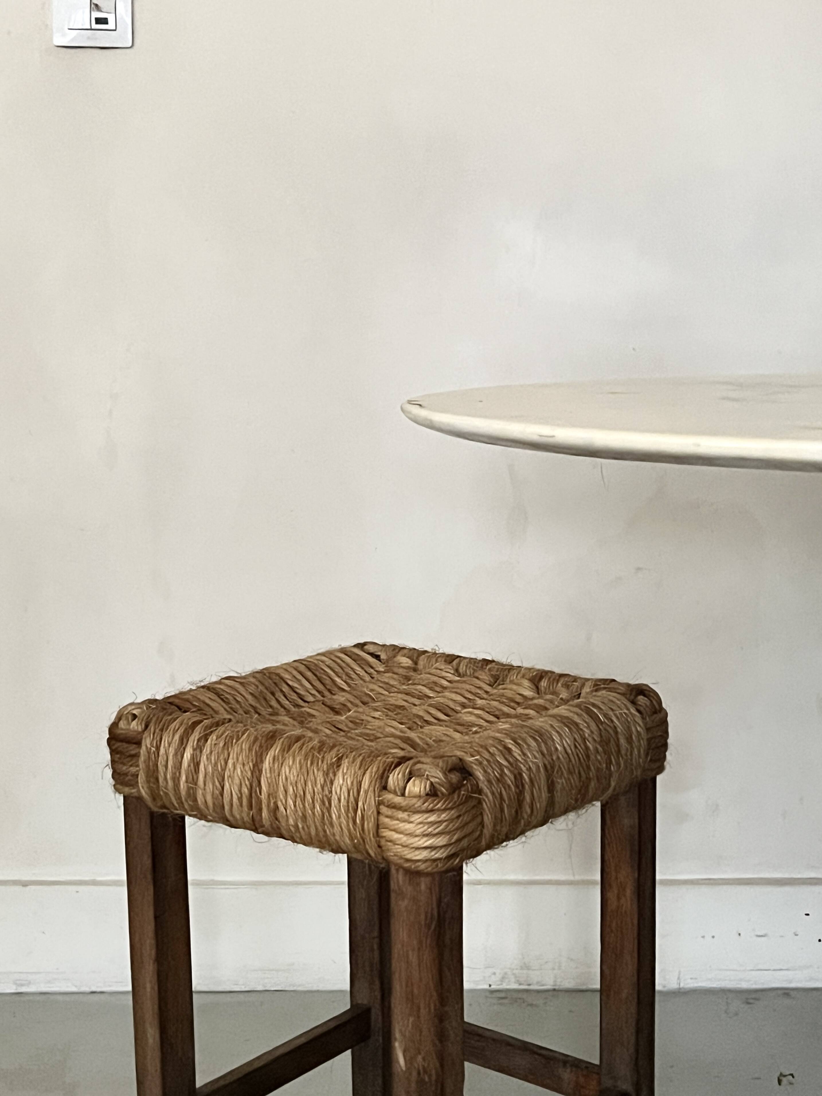 Solid oak stool with woven hemp seat by Audoux Minnet.