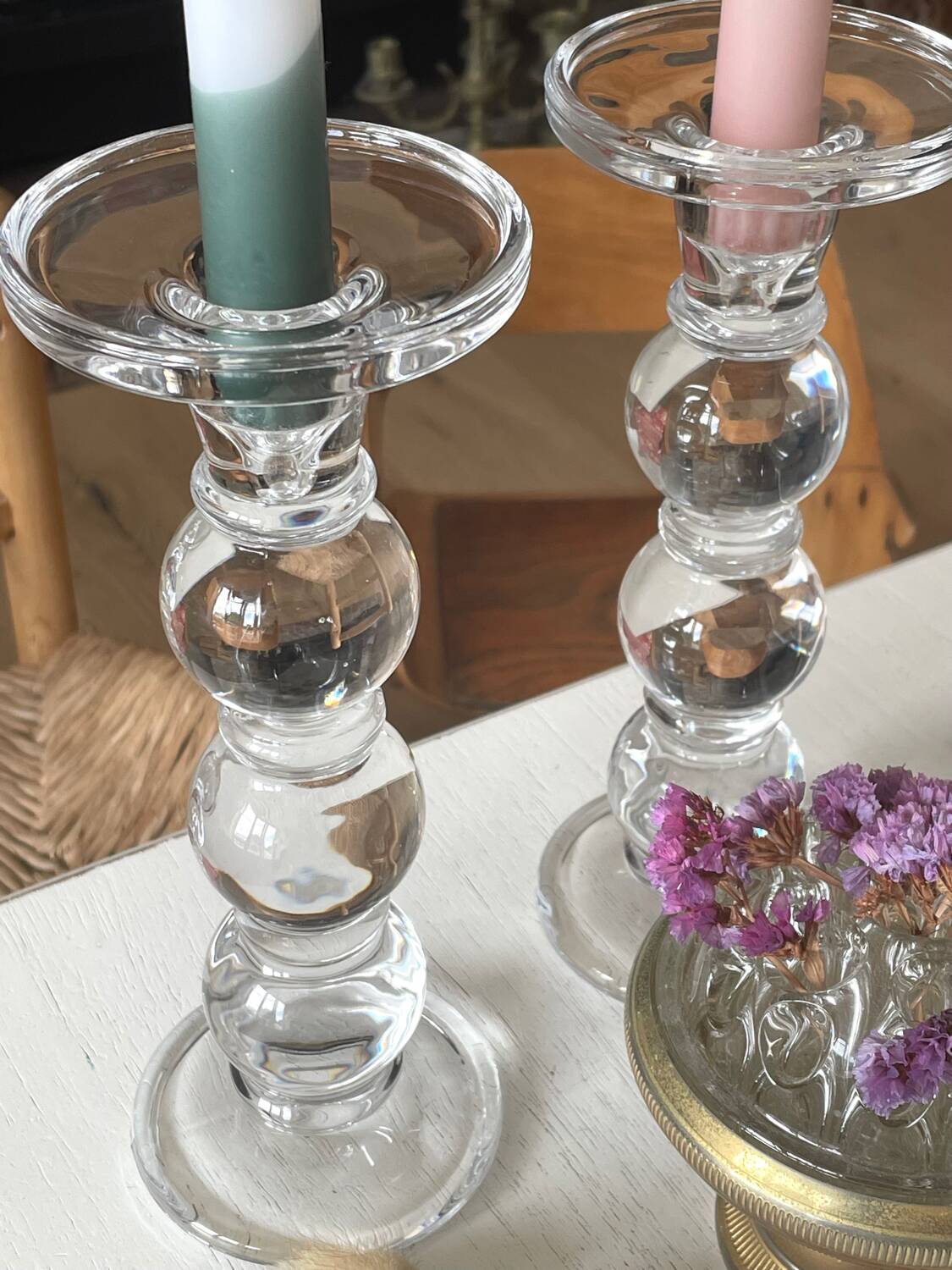 Pair of glass candle holders