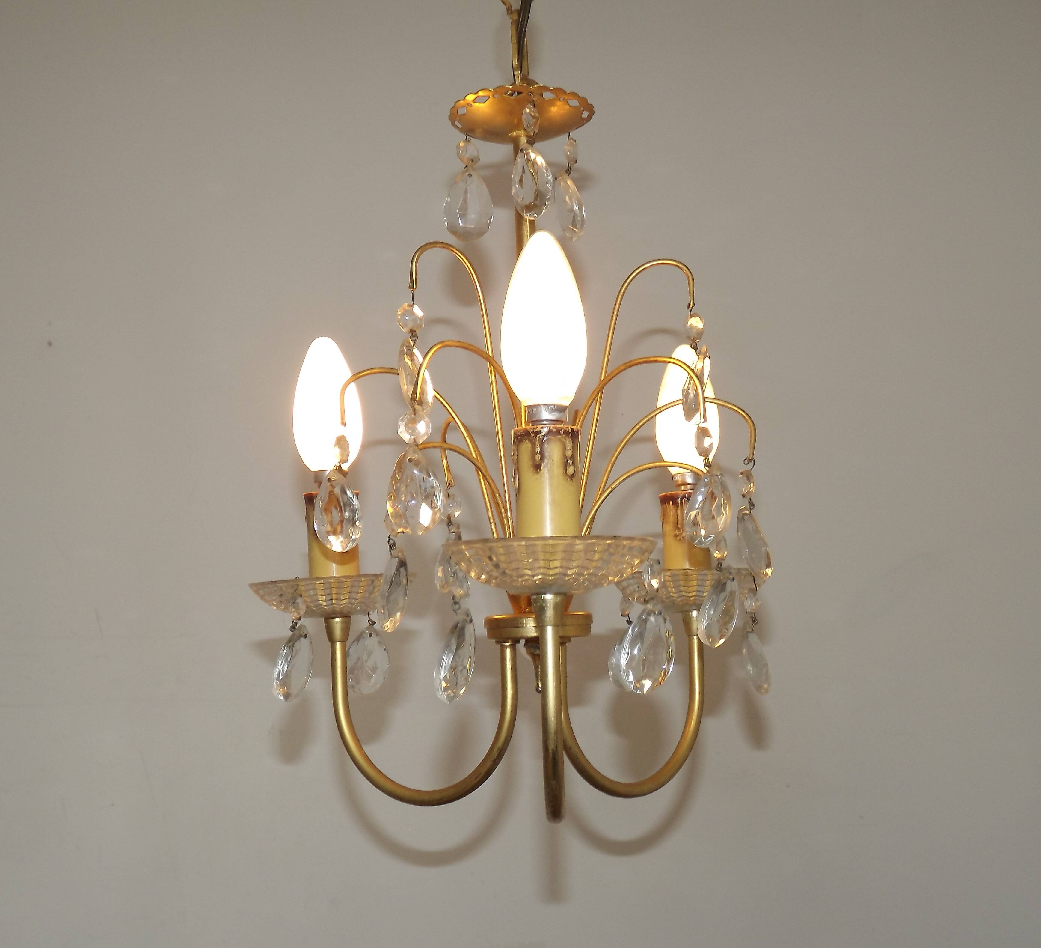 French Vintage Gold Effect Metal-Crystal 3 Light Chandelier Glass Bobeches